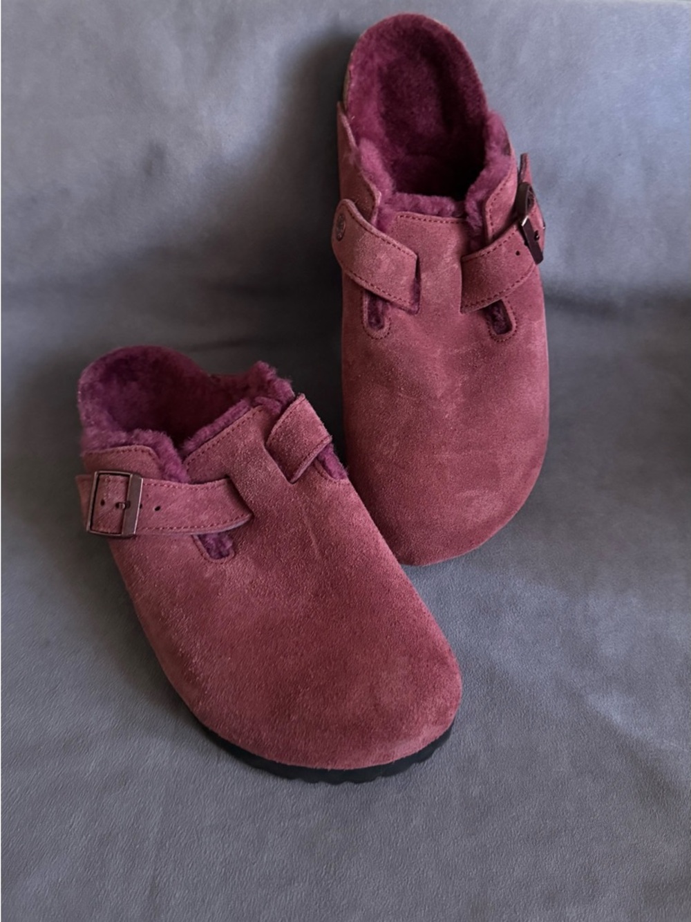 Birkenstock Burgundy Suede Shearling-Lined Clog Mules